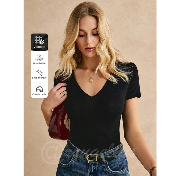 Black V-Neck Slim Tee Shirt Short Sleeves - Picture 7 of 8